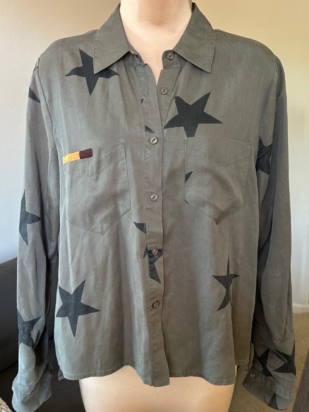 MISS ME Vintage Army Green Star Print Button Down Shirt